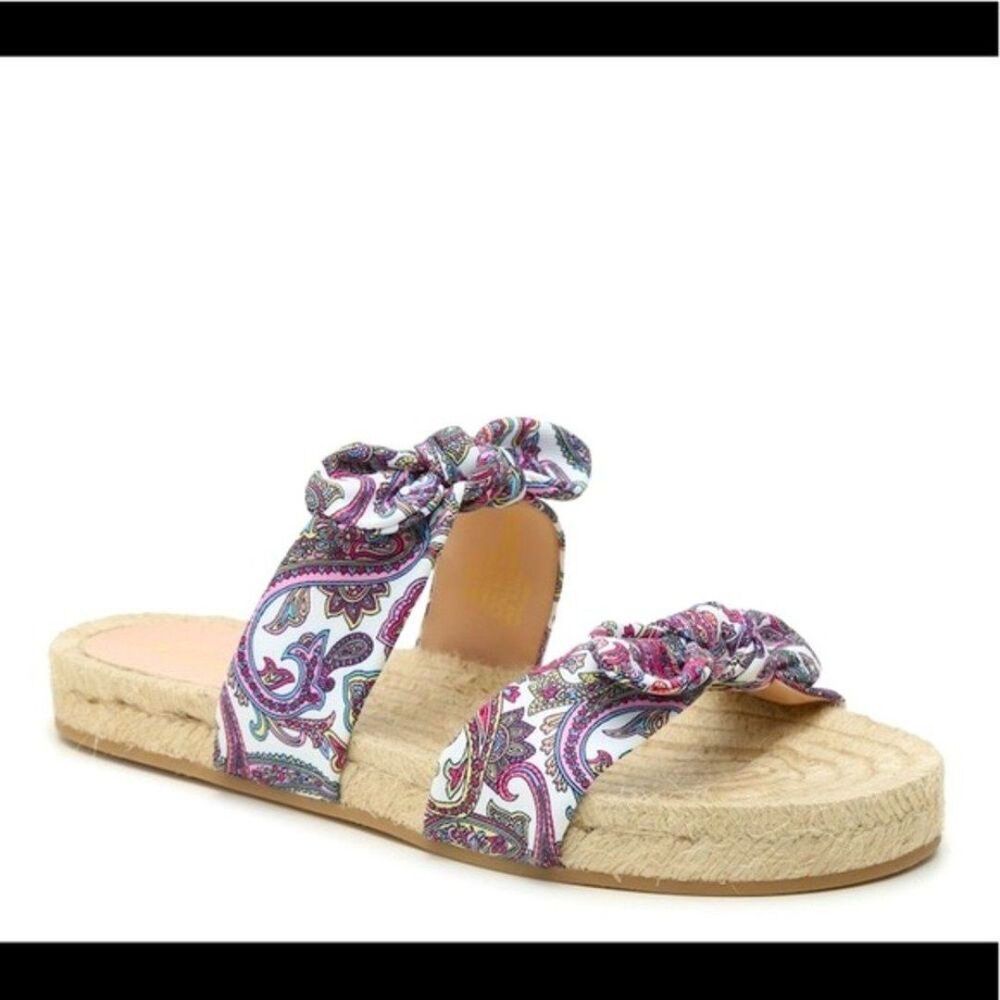 Nanette Lepore LILY Espadrille Pink Silk Paisley Knot Bows Leather Sandals 7